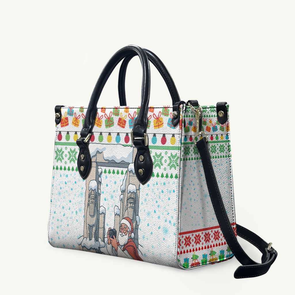 Iran Christmas Leather Bag with Santa Taking Photos Ancient Columns and Snowflake Gift Pattern - Wonder Print Shop