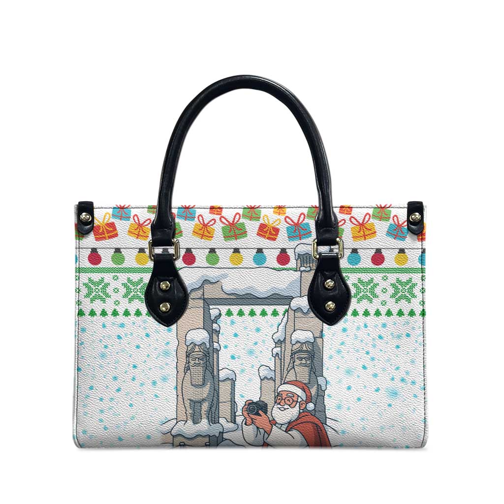 Iran Christmas Leather Bag with Santa Taking Photos Ancient Columns and Snowflake Gift Pattern - Wonder Print Shop