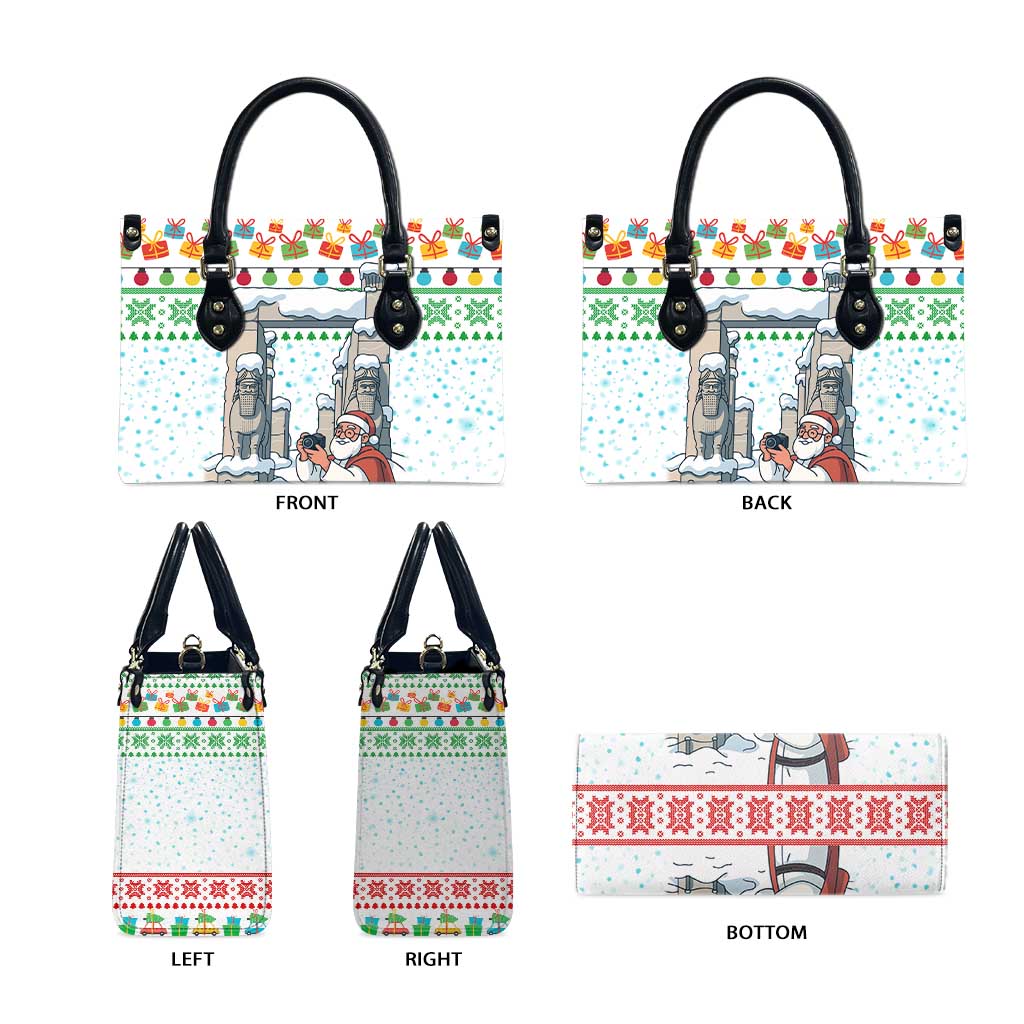 Iran Christmas Leather Bag with Santa Taking Photos Ancient Columns and Snowflake Gift Pattern - Wonder Print Shop