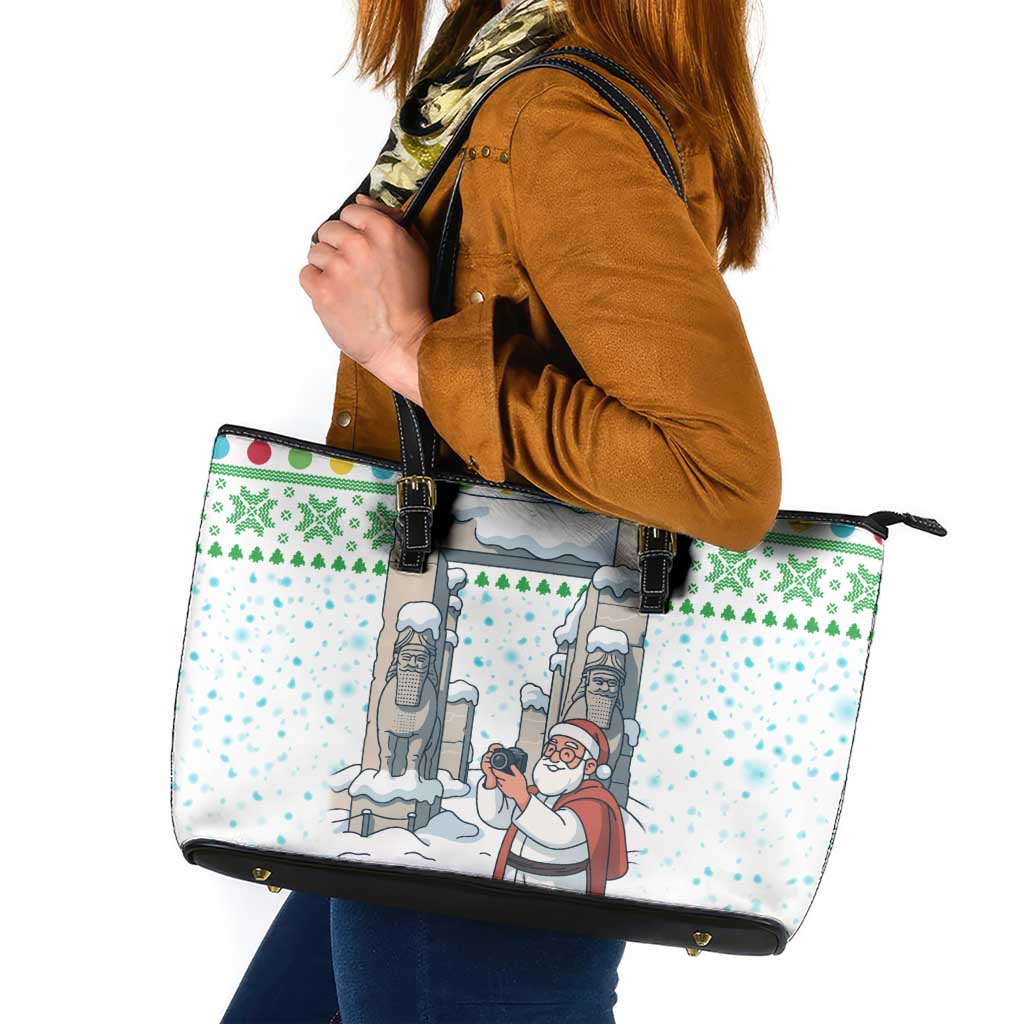Iran Christmas Leather Tote Bag with Santa Taking Photos Ancient Columns and Snowflake Gift Pattern - Wonder Print Shop
