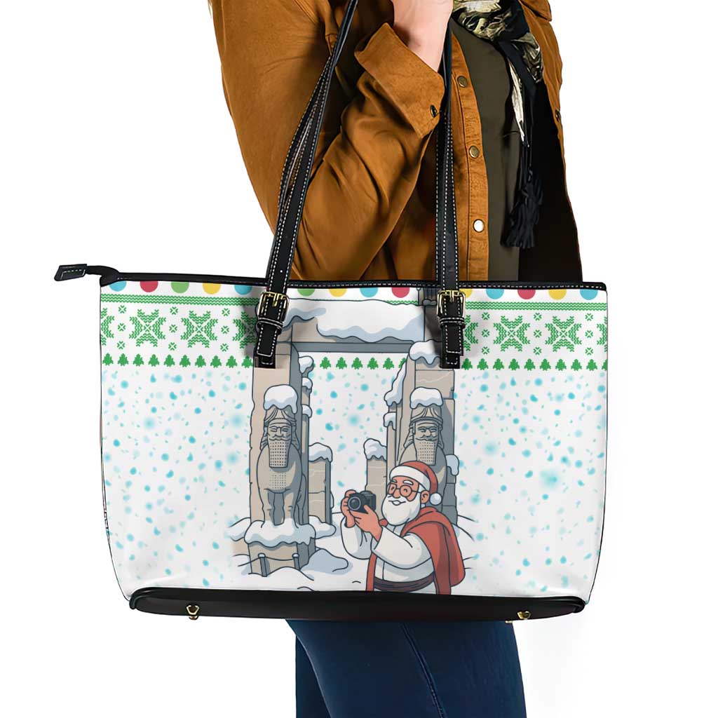Iran Christmas Leather Tote Bag with Santa Taking Photos Ancient Columns and Snowflake Gift Pattern - Wonder Print Shop