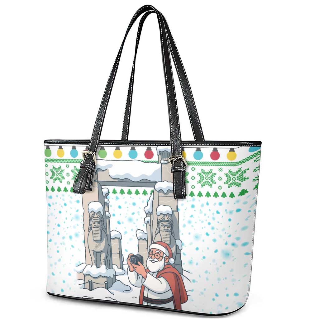 Iran Christmas Leather Tote Bag with Santa Taking Photos Ancient Columns and Snowflake Gift Pattern - Wonder Print Shop