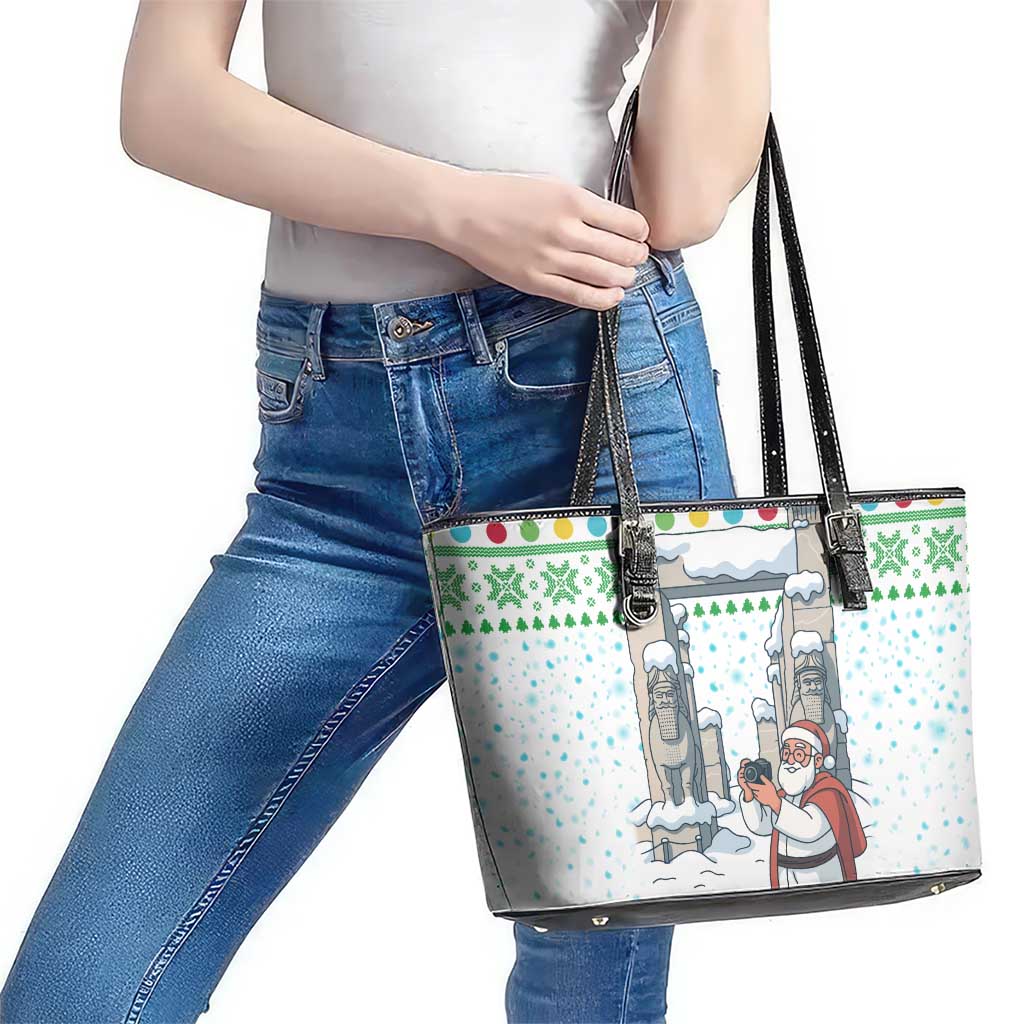 Iran Christmas Leather Tote Bag with Santa Taking Photos Ancient Columns and Snowflake Gift Pattern - Wonder Print Shop