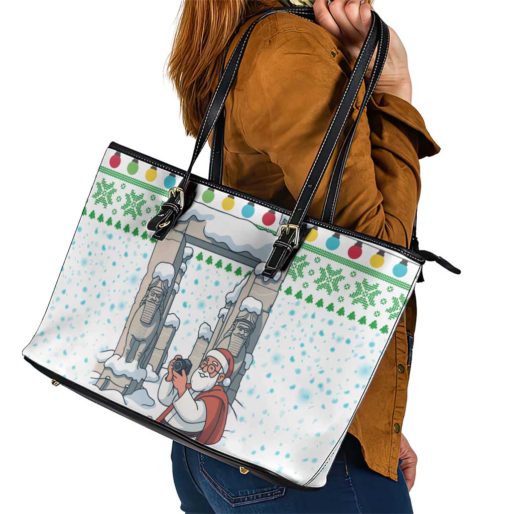 Iran Christmas Leather Tote Bag with Santa Taking Photos Ancient Columns and Snowflake Gift Pattern - Wonder Print Shop