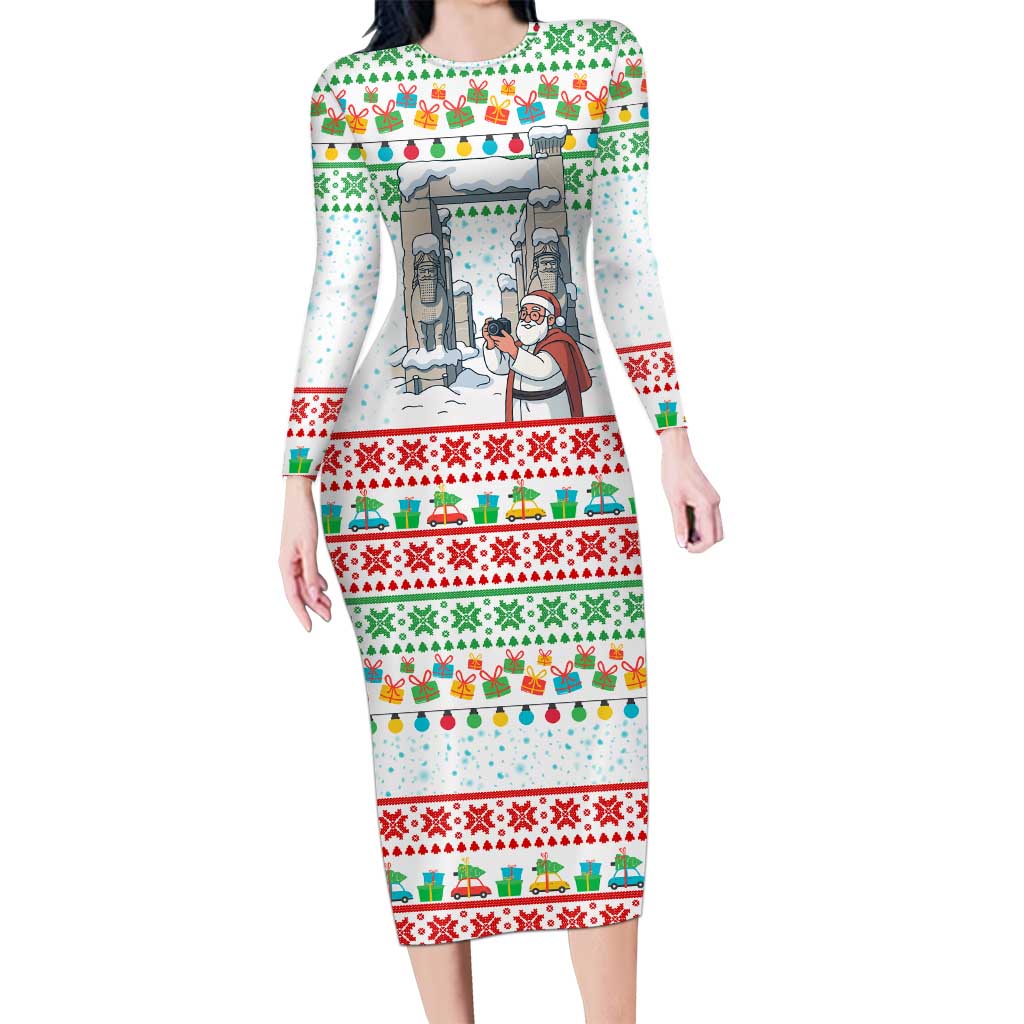 Iran Christmas Long Sleeve Bodycon Dress with Santa Taking Photos Ancient Columns and Snowflake Gift Pattern - Wonder Print Shop
