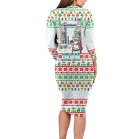 Iran Christmas Long Sleeve Bodycon Dress with Santa Taking Photos Ancient Columns and Snowflake Gift Pattern - Wonder Print Shop