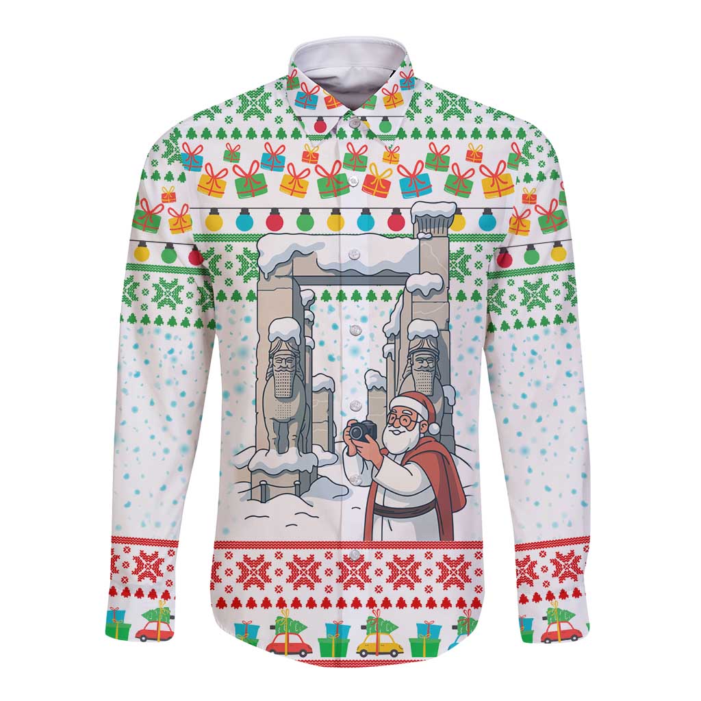 Iran Christmas Long Sleeve Button Shirt with Santa Taking Photos Ancient Columns and Snowflake Gift Pattern - Wonder Print Shop