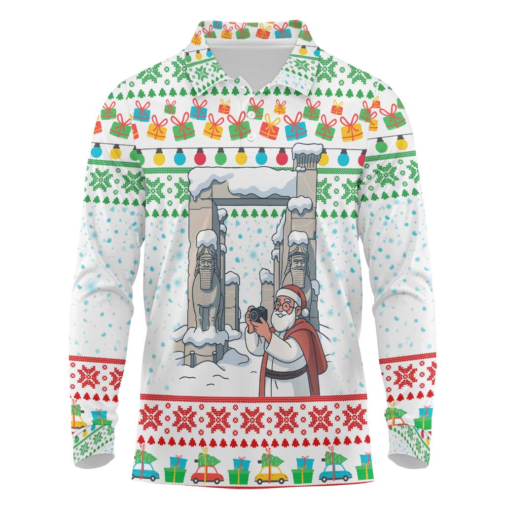 Iran Christmas Long Sleeve Polo Shirt with Santa Taking Photos Ancient Columns and Snowflake Gift Pattern - Wonder Print Shop
