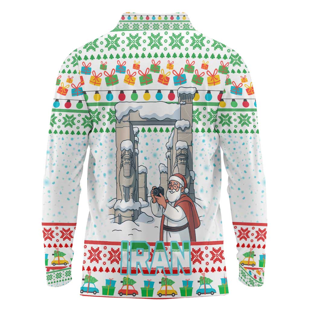Iran Christmas Long Sleeve Polo Shirt with Santa Taking Photos Ancient Columns and Snowflake Gift Pattern - Wonder Print Shop