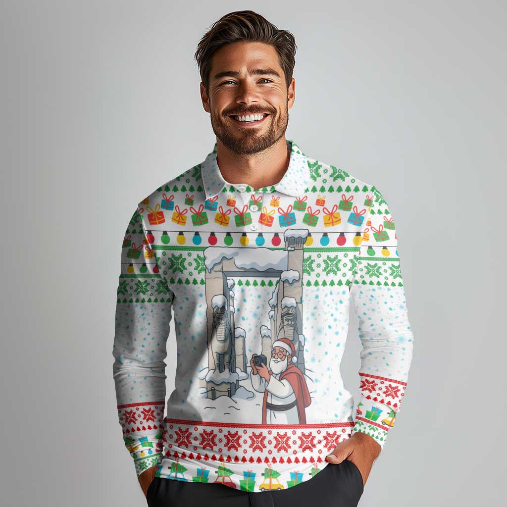 Iran Christmas Long Sleeve Polo Shirt with Santa Taking Photos Ancient Columns and Snowflake Gift Pattern - Wonder Print Shop