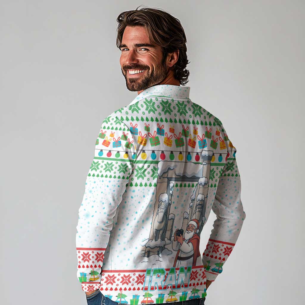 Iran Christmas Long Sleeve Polo Shirt with Santa Taking Photos Ancient Columns and Snowflake Gift Pattern - Wonder Print Shop