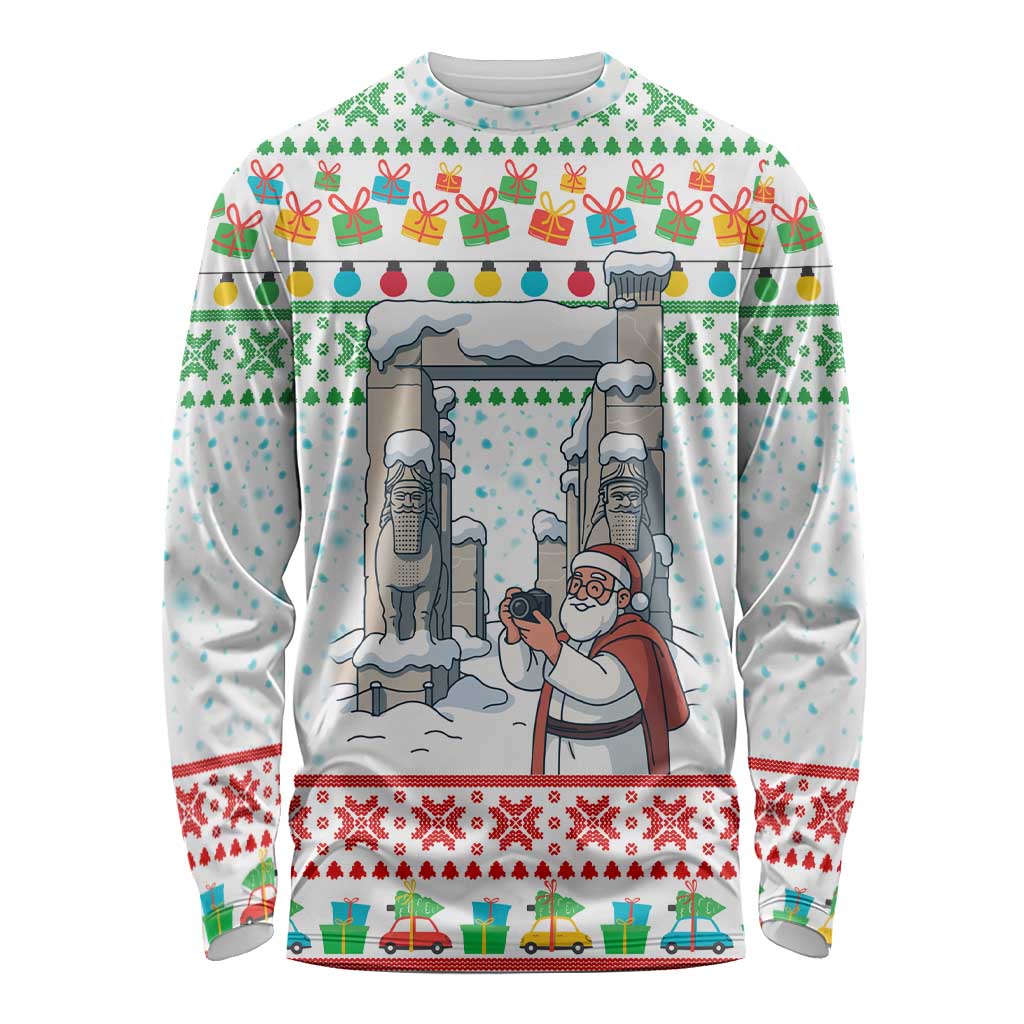 Iran Christmas Long Sleeve Shirt with Santa Taking Photos Ancient Columns and Snowflake Gift Pattern - Wonder Print Shop