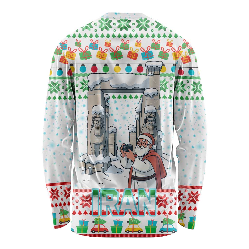 Iran Christmas Long Sleeve Shirt with Santa Taking Photos Ancient Columns and Snowflake Gift Pattern - Wonder Print Shop