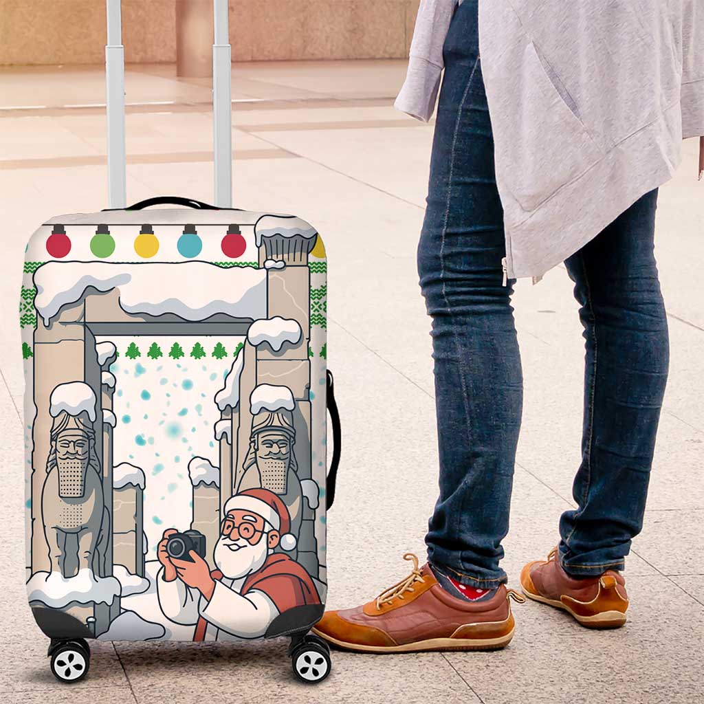 Iran Christmas Luggage Cover with Santa Taking Photos Ancient Columns and Snowflake Gift Pattern - Wonder Print Shop