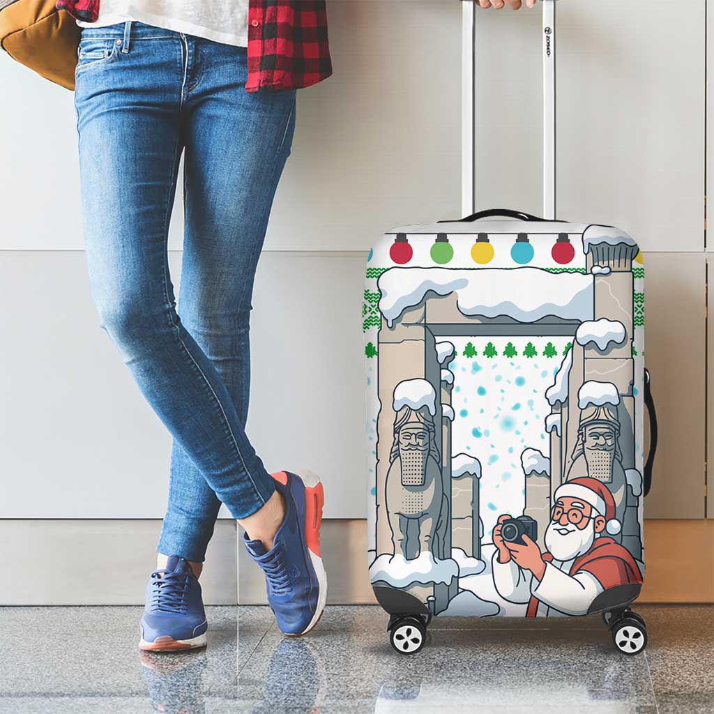 Iran Christmas Luggage Cover with Santa Taking Photos Ancient Columns and Snowflake Gift Pattern - Wonder Print Shop