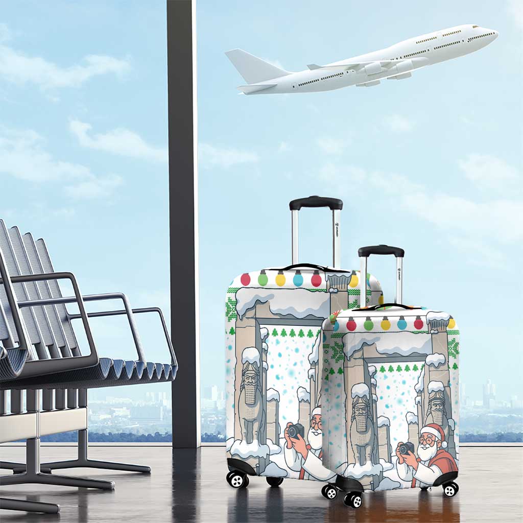 Iran Christmas Luggage Cover with Santa Taking Photos Ancient Columns and Snowflake Gift Pattern - Wonder Print Shop