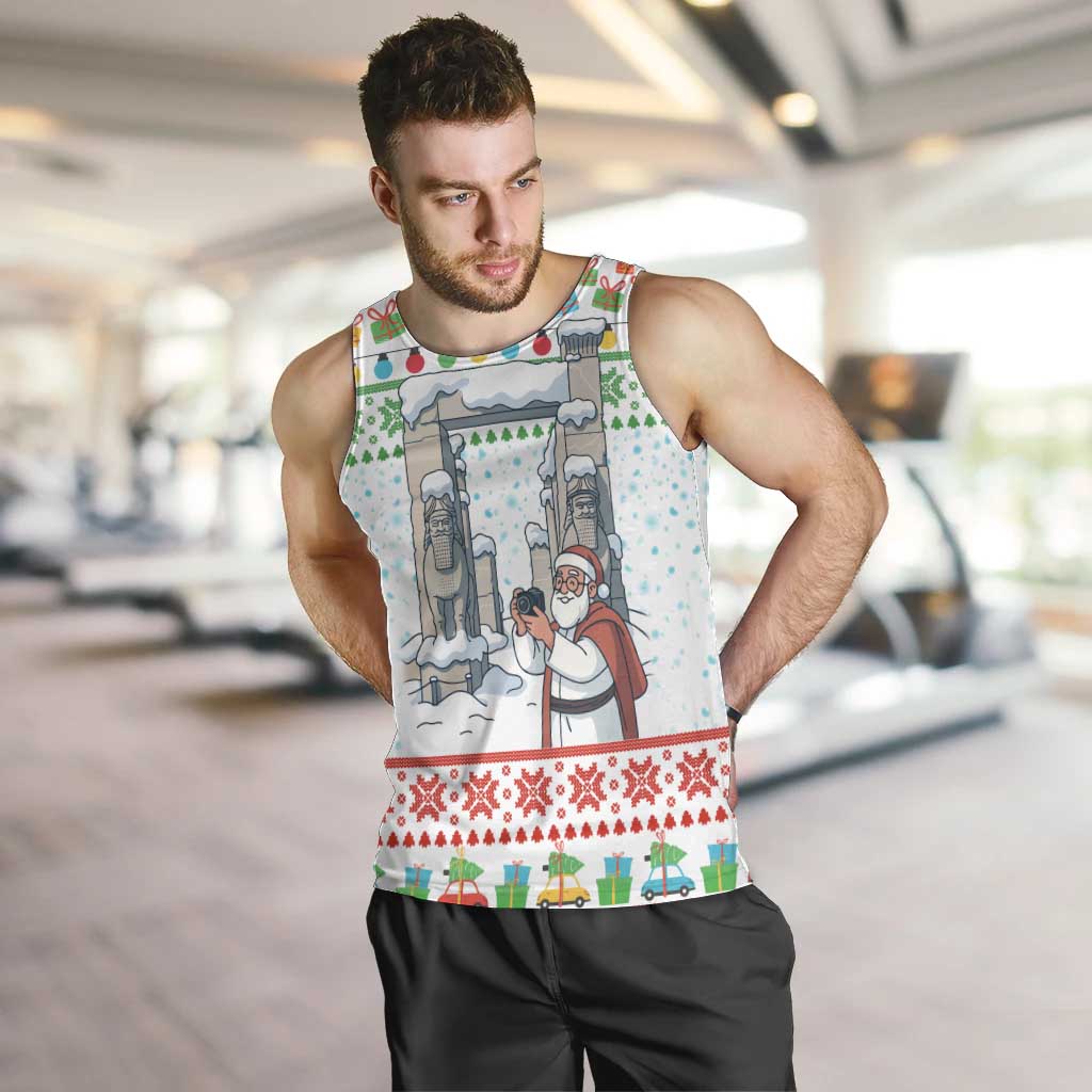 Iran Christmas Men Tank Top with Santa Taking Photos Ancient Columns and Snowflake Gift Pattern - Wonder Print Shop