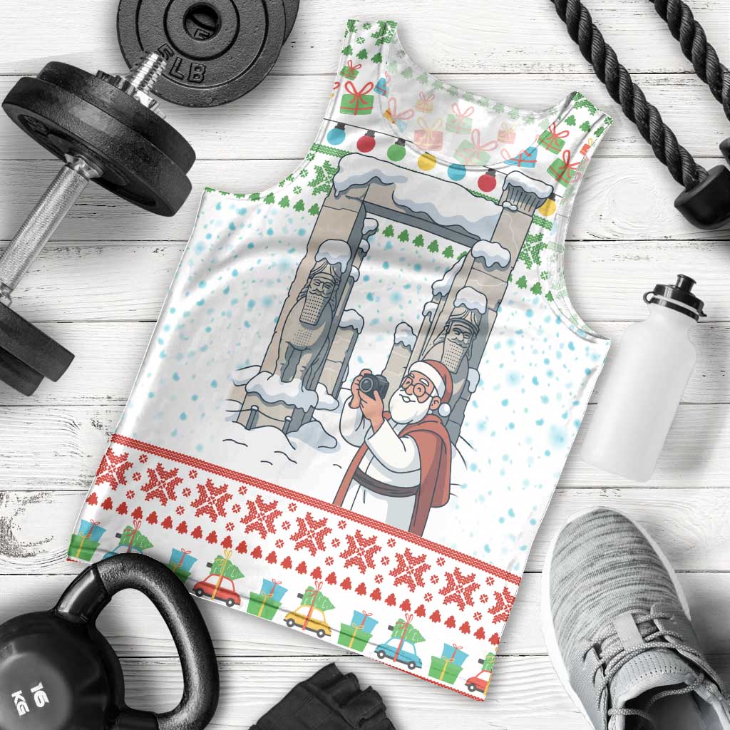 Iran Christmas Men Tank Top with Santa Taking Photos Ancient Columns and Snowflake Gift Pattern - Wonder Print Shop