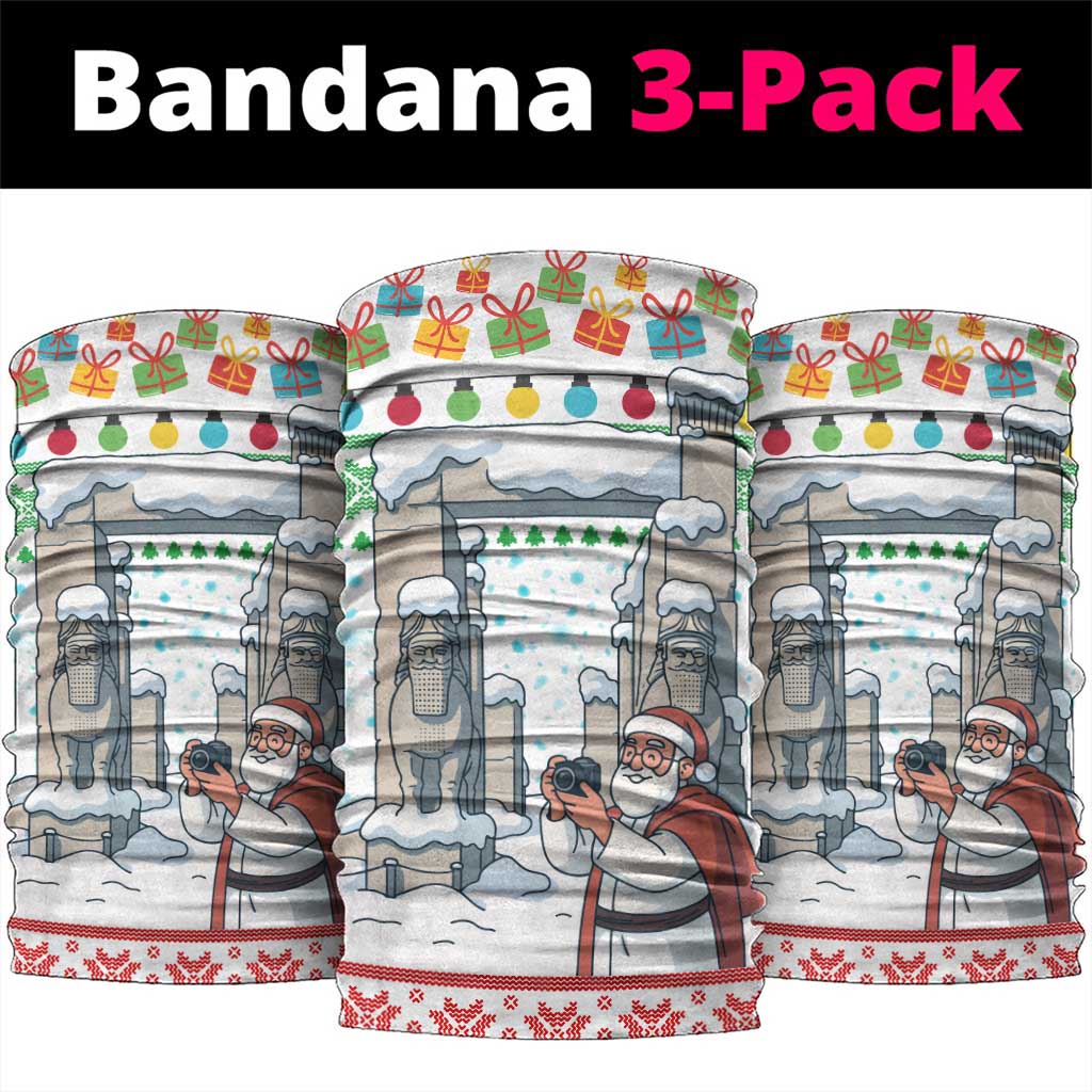 Iran Christmas Neck Gaiter with Santa Taking Photos Ancient Columns and Snowflake Gift Pattern - Wonder Print Shop