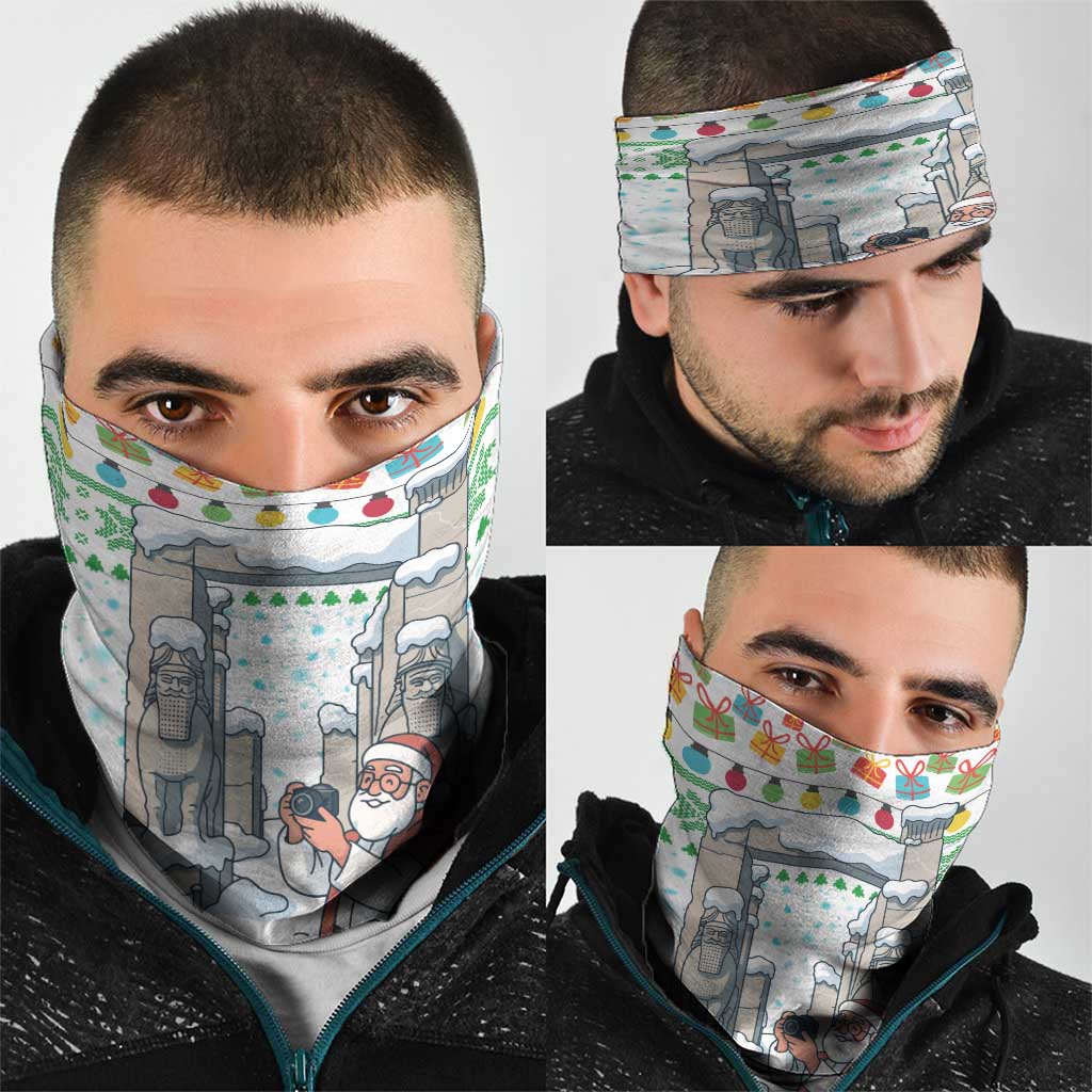 Iran Christmas Neck Gaiter with Santa Taking Photos Ancient Columns and Snowflake Gift Pattern - Wonder Print Shop
