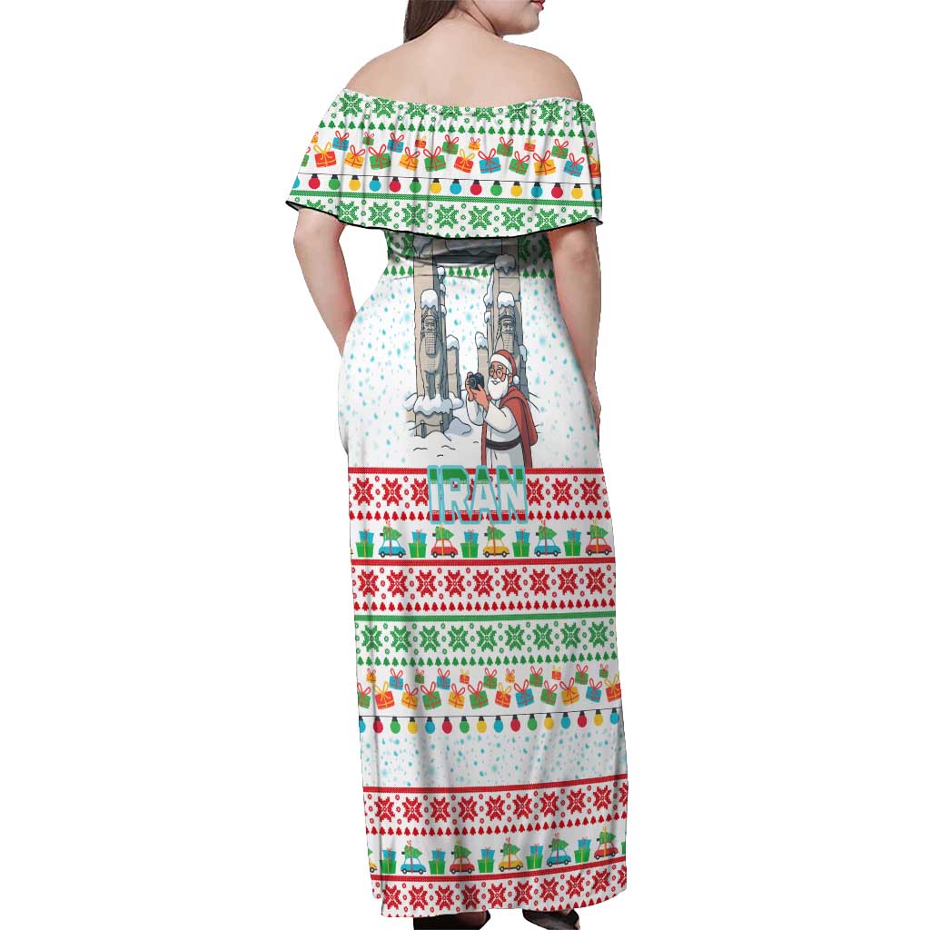 Iran Christmas Off Shoulder Maxi Dress with Santa Taking Photos Ancient Columns and Snowflake Gift Pattern - Wonder Print Shop