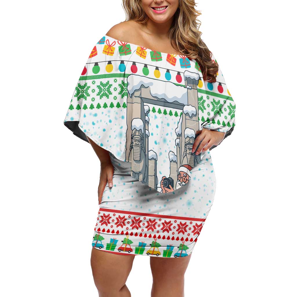 Iran Christmas Off Shoulder Short Dress with Santa Taking Photos Ancient Columns and Snowflake Gift Pattern - Wonder Print Shop