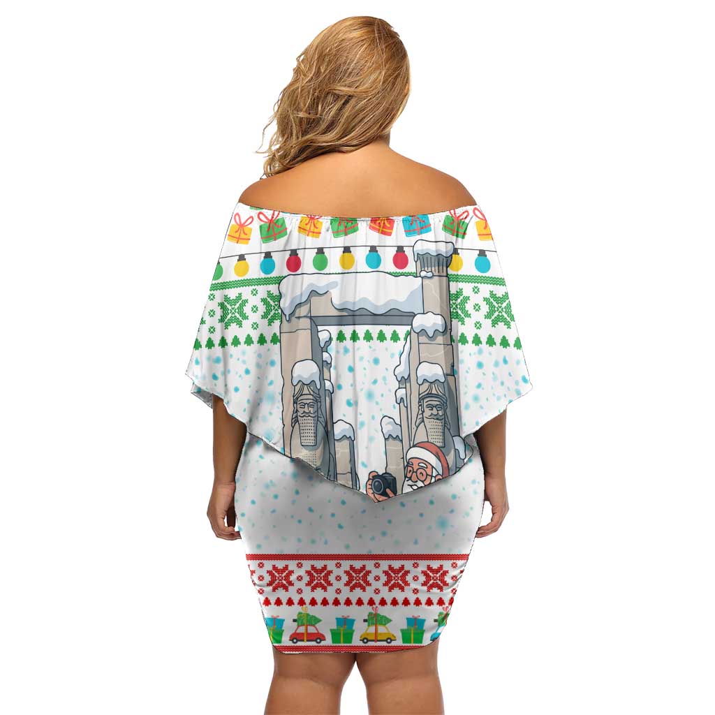 Iran Christmas Off Shoulder Short Dress with Santa Taking Photos Ancient Columns and Snowflake Gift Pattern - Wonder Print Shop