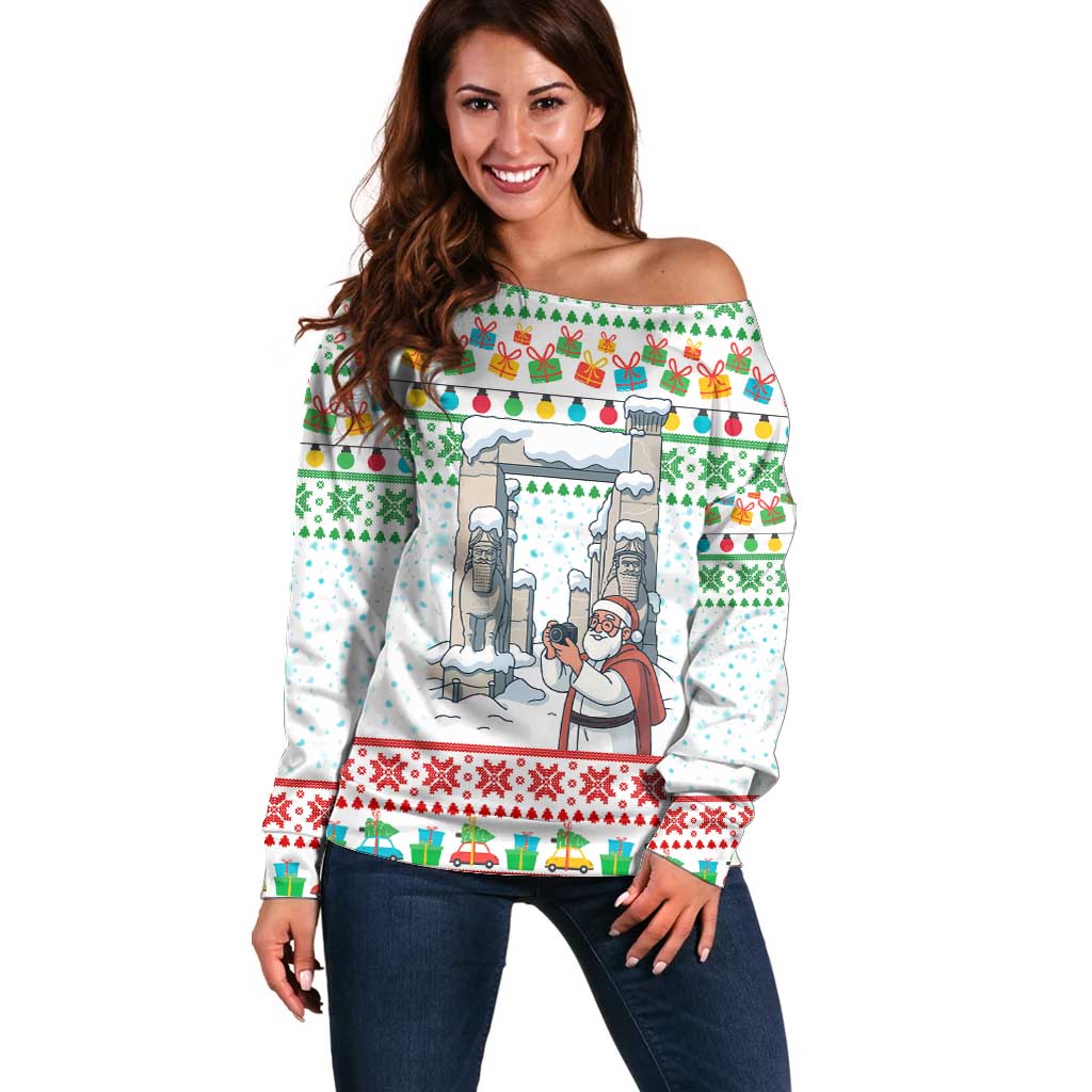 Iran Christmas Off Shoulder Sweater with Santa Taking Photos Ancient Columns and Snowflake Gift Pattern - Wonder Print Shop