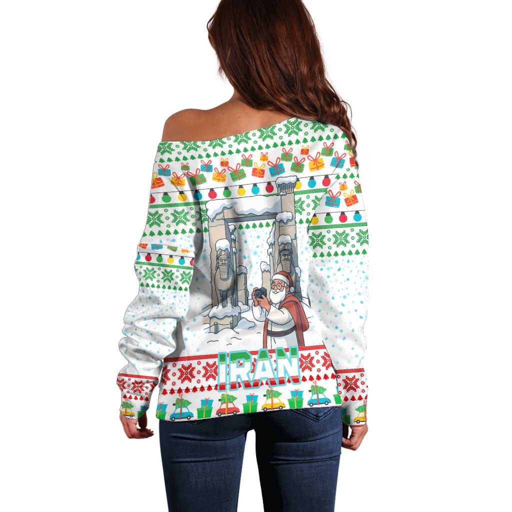 Iran Christmas Off Shoulder Sweater with Santa Taking Photos Ancient Columns and Snowflake Gift Pattern - Wonder Print Shop