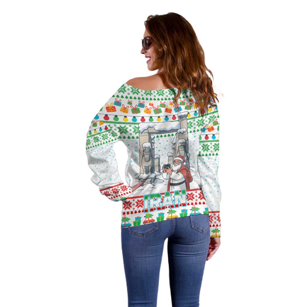 Iran Christmas Off Shoulder Sweater with Santa Taking Photos Ancient Columns and Snowflake Gift Pattern - Wonder Print Shop