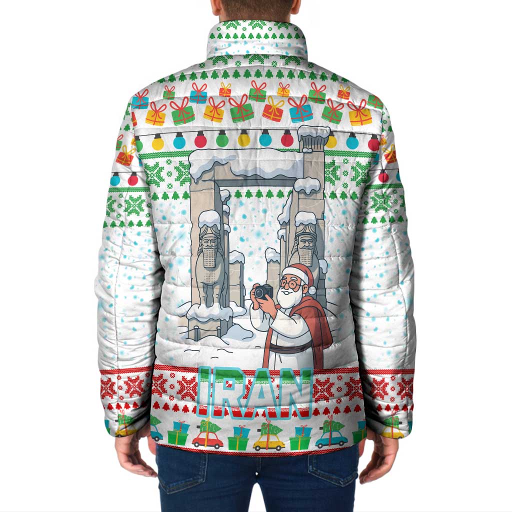 Iran Christmas Padded Jacket with Santa Taking Photos Ancient Columns and Snowflake Gift Pattern - Wonder Print Shop
