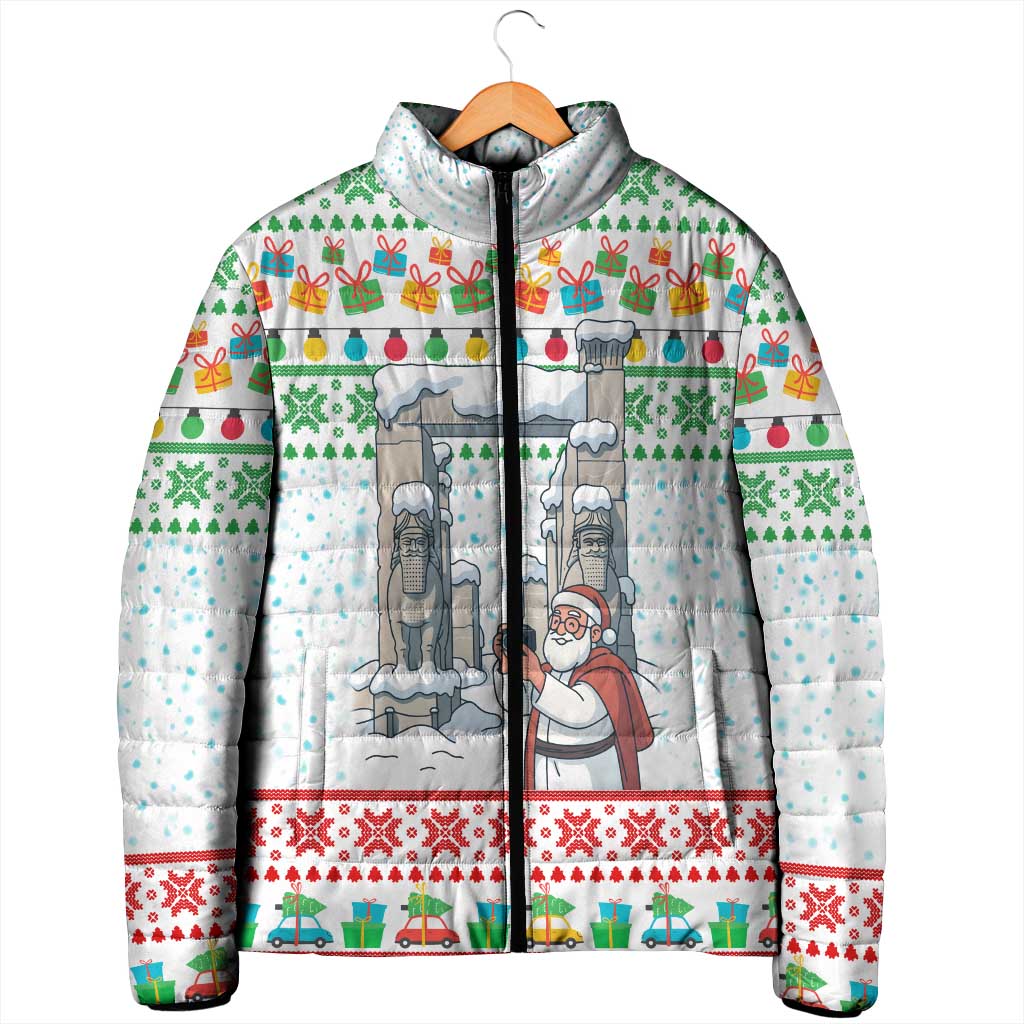 Iran Christmas Padded Jacket with Santa Taking Photos Ancient Columns and Snowflake Gift Pattern - Wonder Print Shop