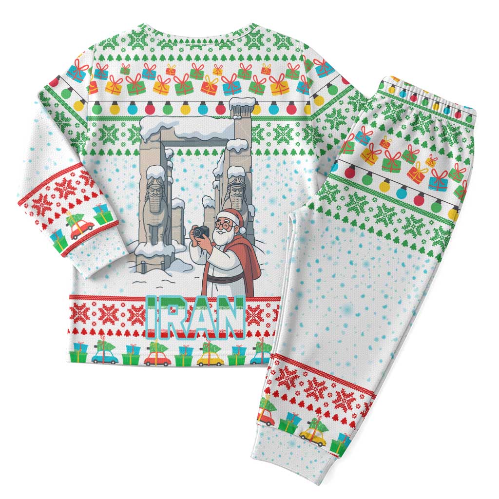 Iran Christmas Pajama Set with Santa Taking Photos Ancient Columns and Snowflake Gift Pattern - Wonder Print Shop