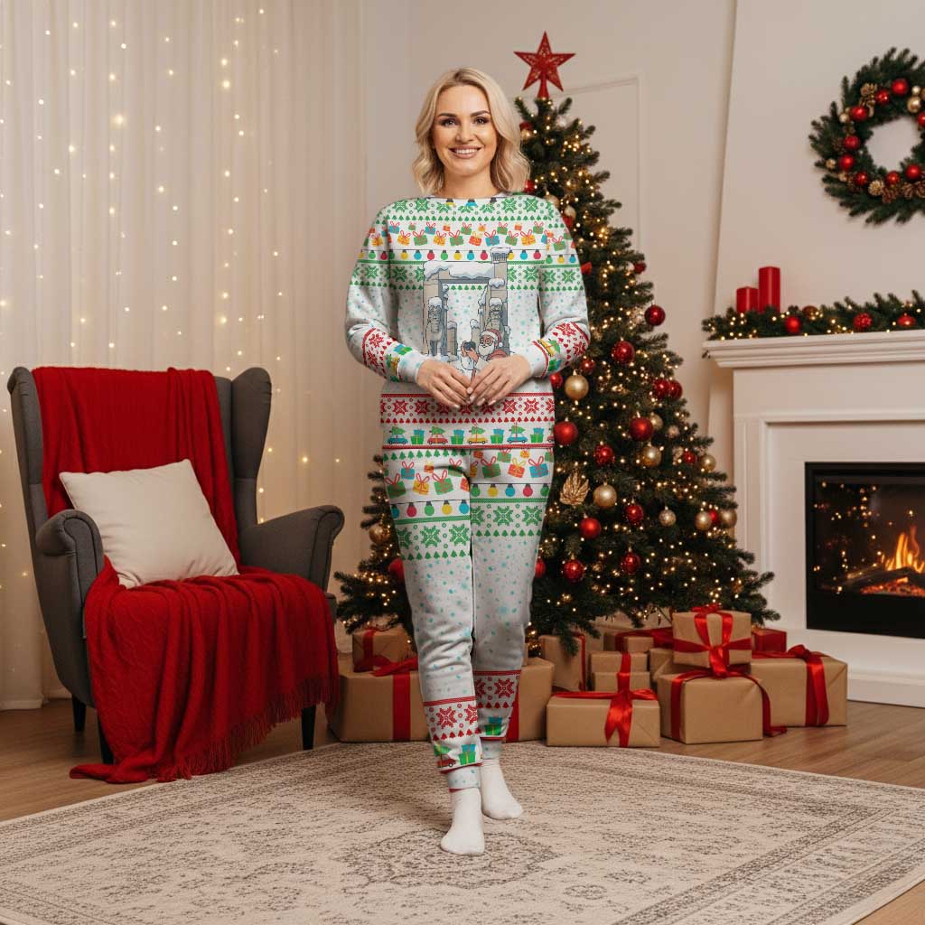 Iran Christmas Pajama Set with Santa Taking Photos Ancient Columns and Snowflake Gift Pattern - Wonder Print Shop