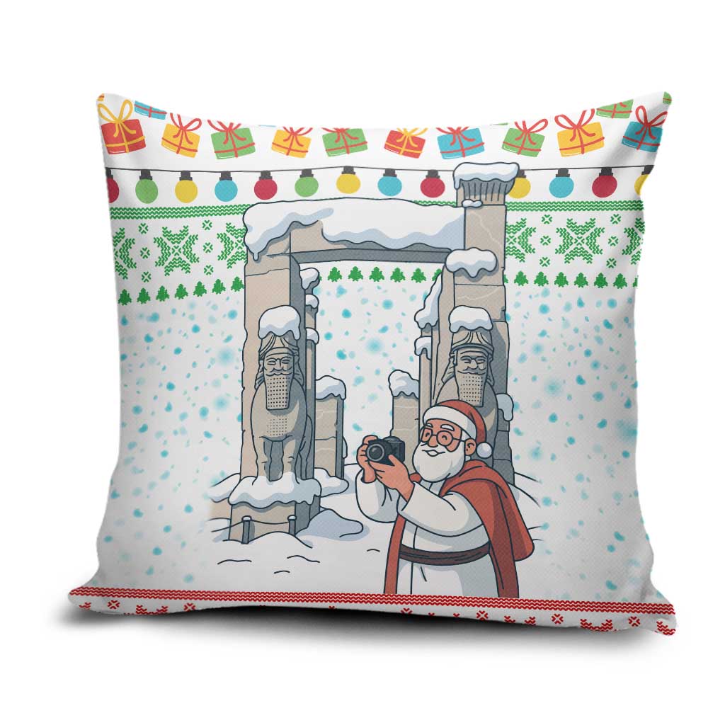 Iran Christmas Pillow Cover with Santa Taking Photos Ancient Columns and Snowflake Gift Pattern - Wonder Print Shop