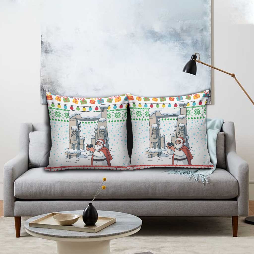 Iran Christmas Pillow Cover with Santa Taking Photos Ancient Columns and Snowflake Gift Pattern - Wonder Print Shop