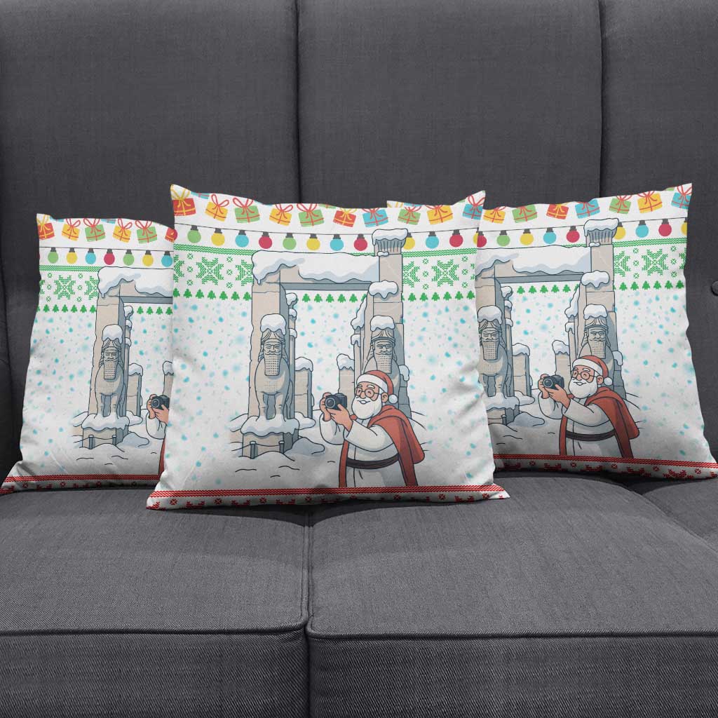 Iran Christmas Pillow Cover with Santa Taking Photos Ancient Columns and Snowflake Gift Pattern - Wonder Print Shop