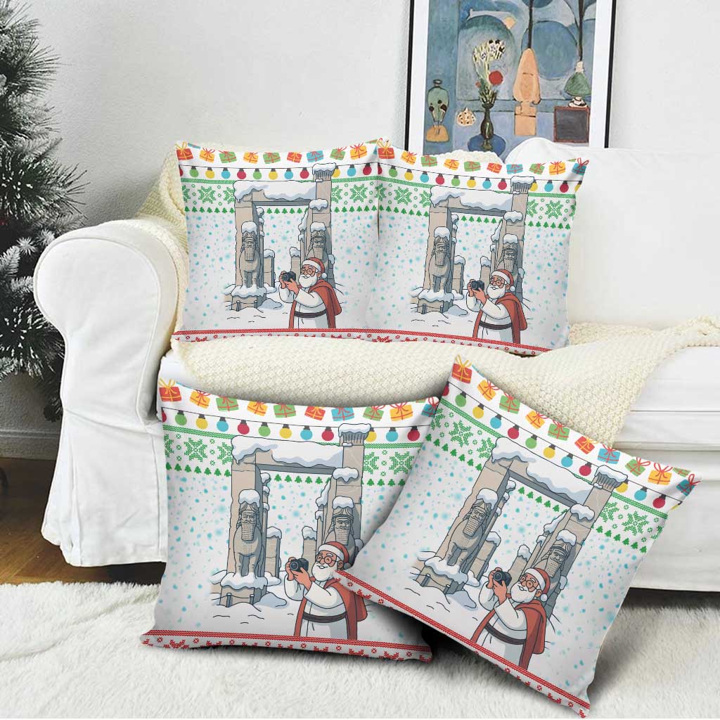 Iran Christmas Pillow Cover with Santa Taking Photos Ancient Columns and Snowflake Gift Pattern - Wonder Print Shop
