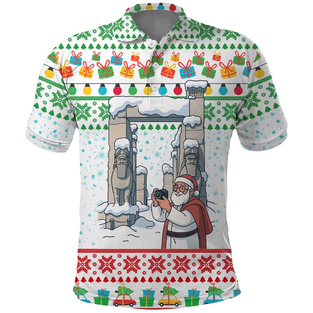 Iran Christmas Polo Shirt with Santa Taking Photos Ancient Columns and Snowflake Gift Pattern - Wonder Print Shop