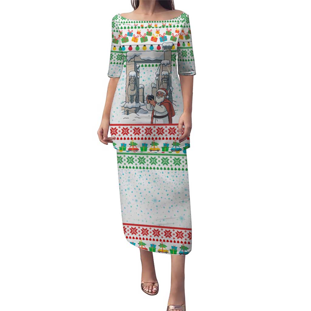 Iran Christmas Puletasi with Santa Taking Photos Ancient Columns and Snowflake Gift Pattern - Wonder Print Shop