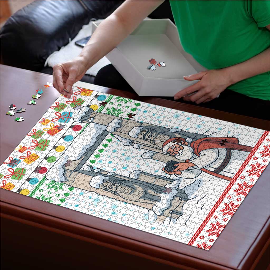 Iran Christmas Puzzle with Santa Taking Photos Ancient Columns and Snowflake Gift Pattern - Wonder Print Shop