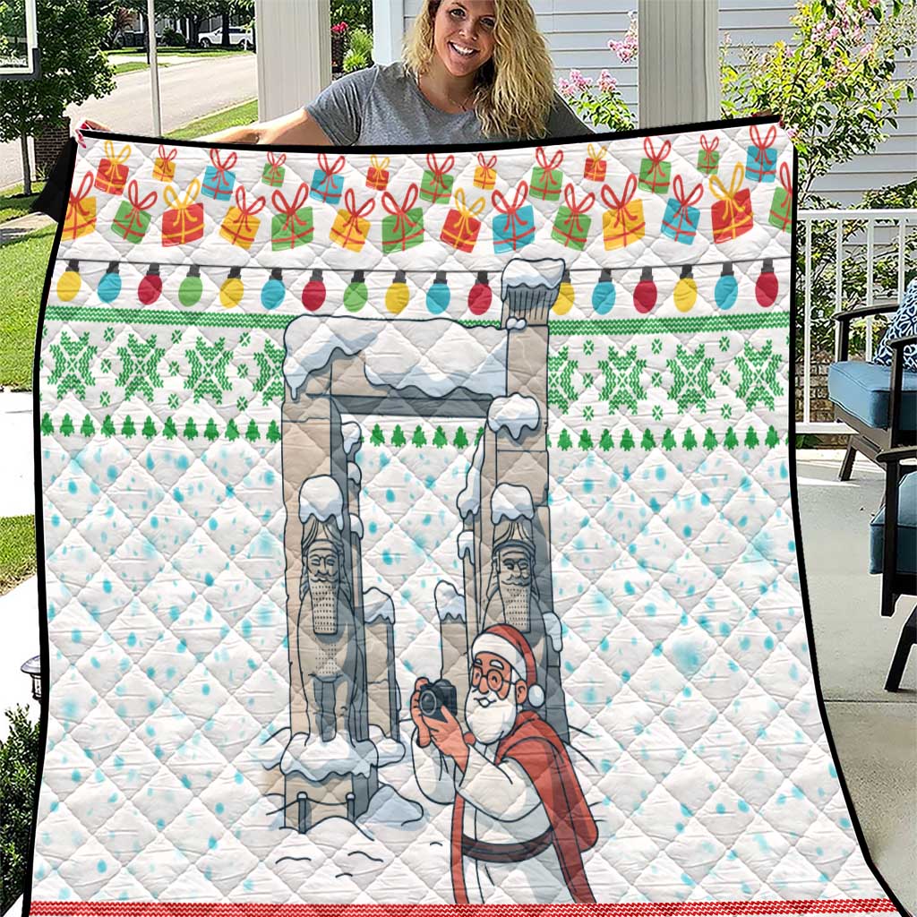 Iran Christmas Quilt with Santa Taking Photos Ancient Columns and Snowflake Gift Pattern - Wonder Print Shop