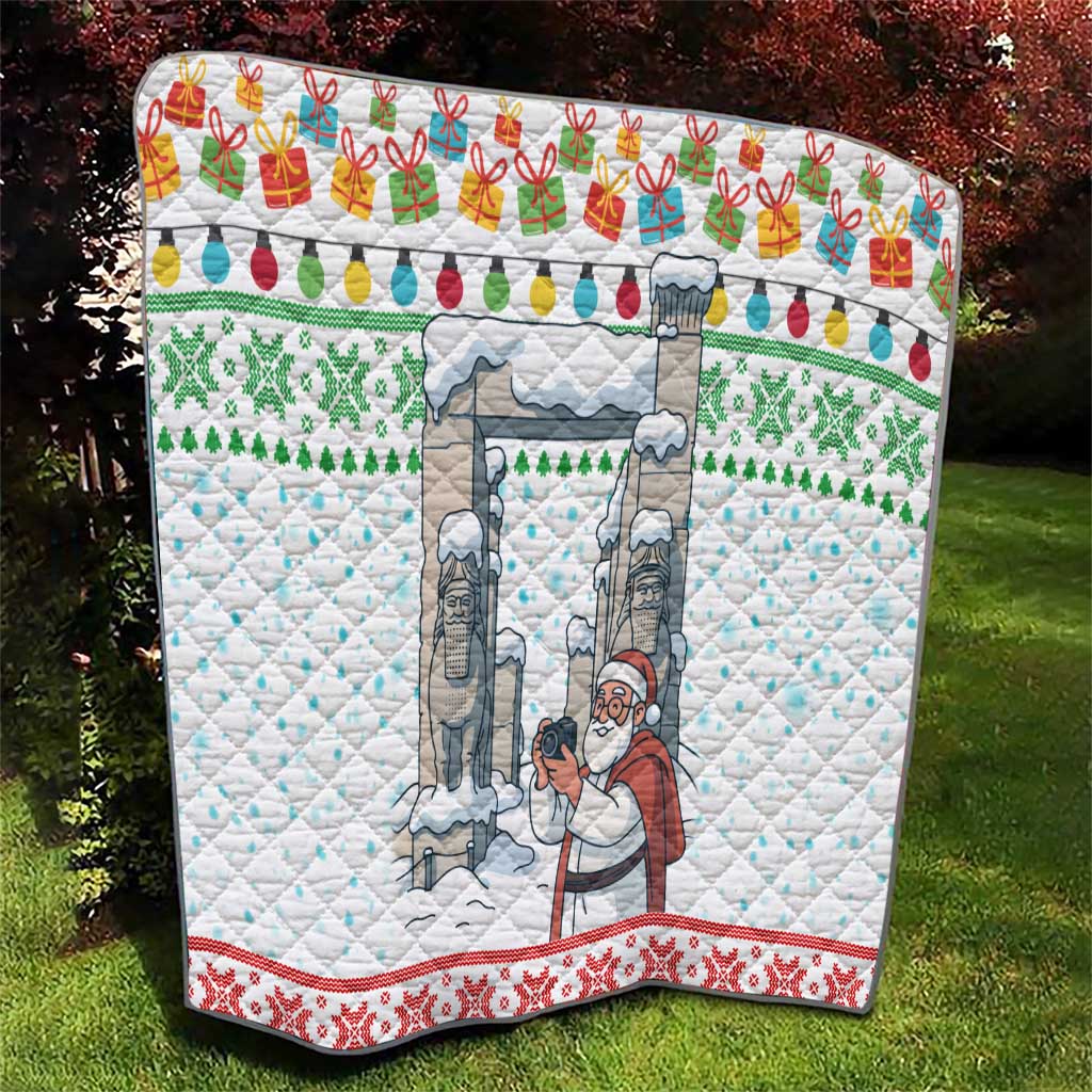 Iran Christmas Quilt with Santa Taking Photos Ancient Columns and Snowflake Gift Pattern - Wonder Print Shop