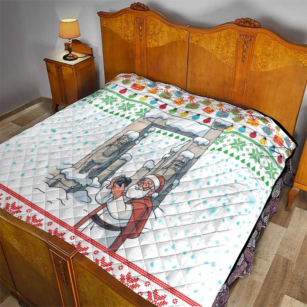 Iran Christmas Quilt with Santa Taking Photos Ancient Columns and Snowflake Gift Pattern - Wonder Print Shop
