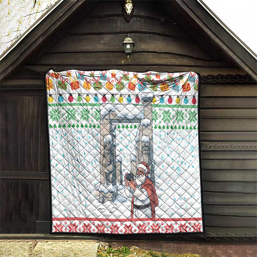 Iran Christmas Quilt with Santa Taking Photos Ancient Columns and Snowflake Gift Pattern - Wonder Print Shop