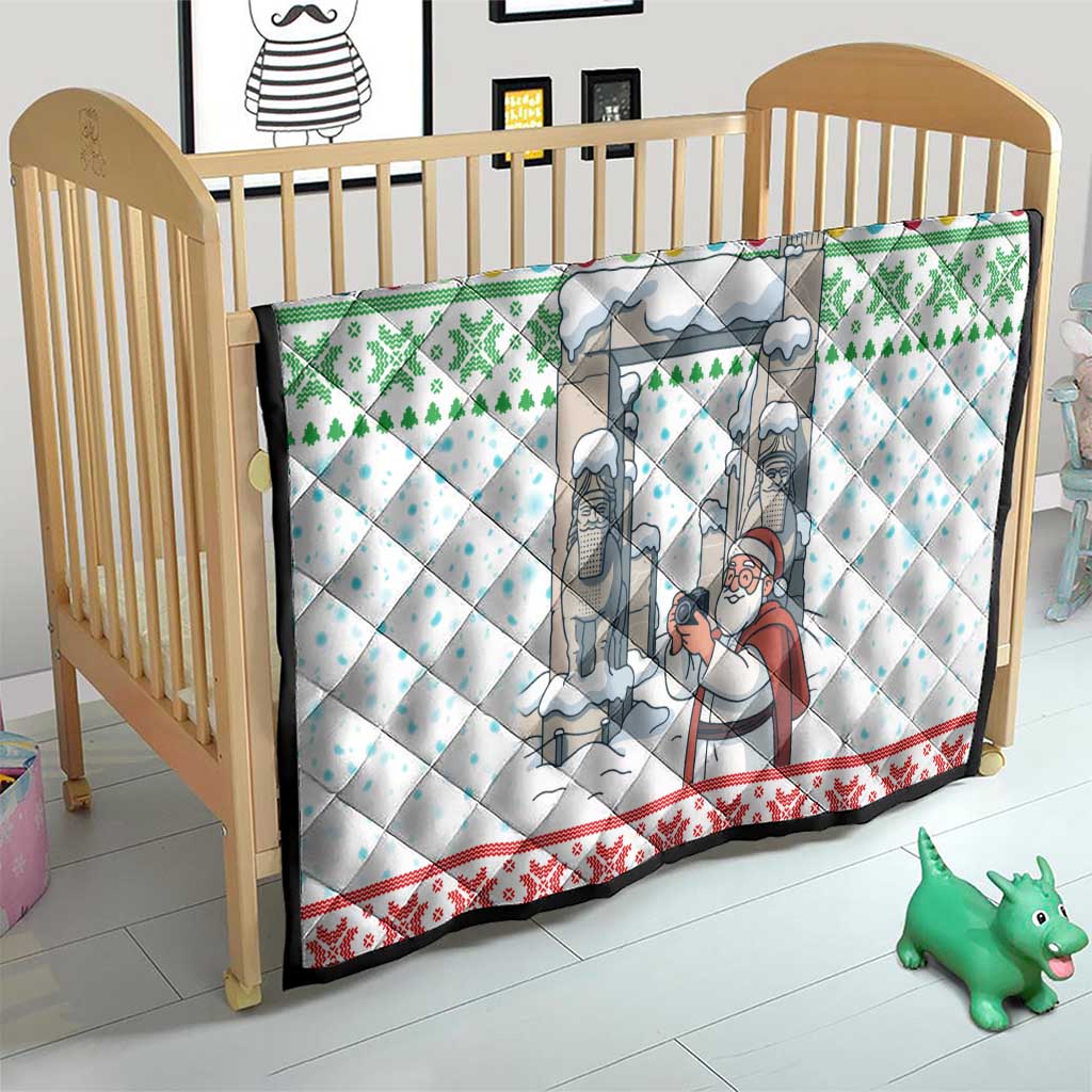 Iran Christmas Quilt with Santa Taking Photos Ancient Columns and Snowflake Gift Pattern - Wonder Print Shop