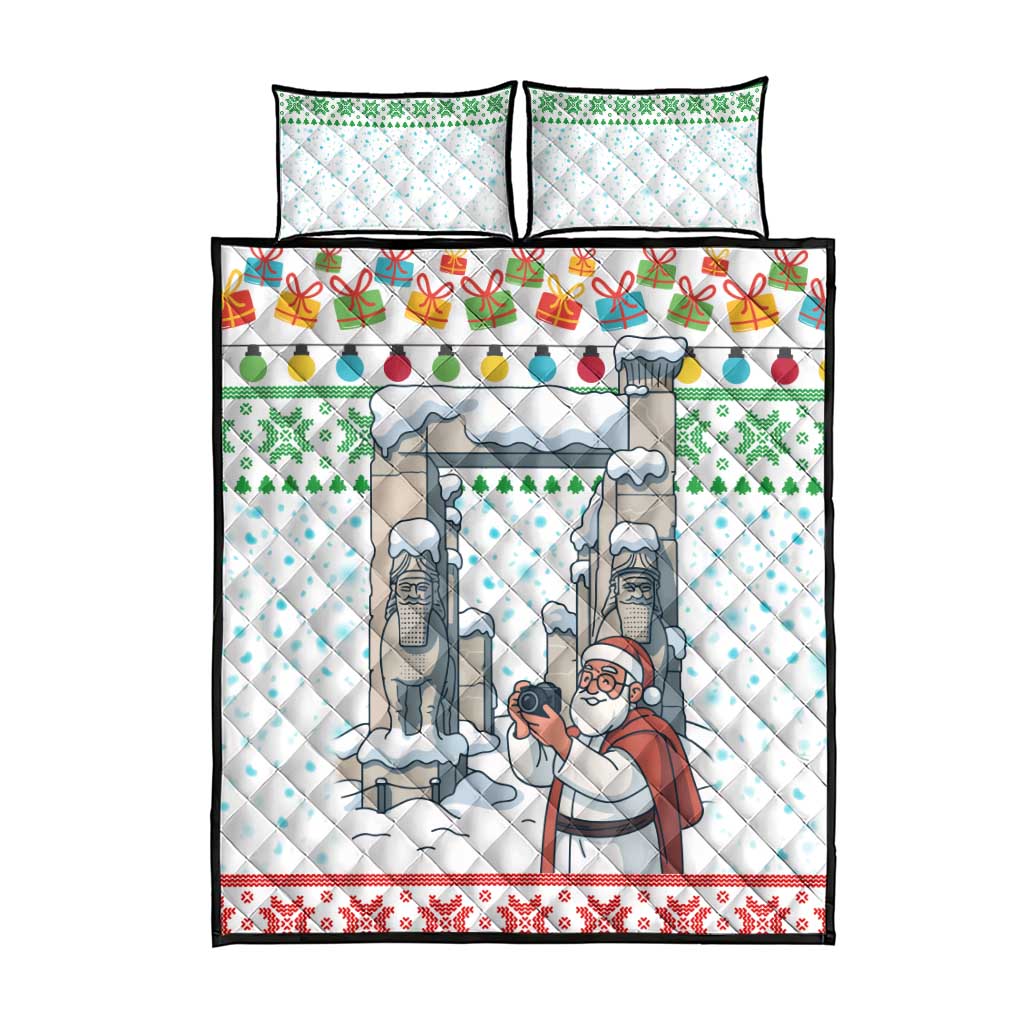 Iran Christmas Quilt Bed Set with Santa Taking Photos Ancient Columns and Snowflake Gift Pattern - Wonder Print Shop