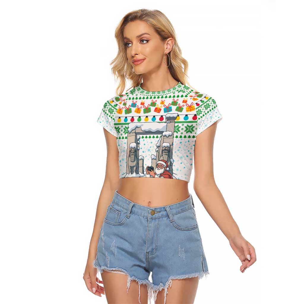 Iran Christmas Raglan Cropped T Shirt with Santa Taking Photos Ancient Columns and Snowflake Gift Pattern - Wonder Print Shop