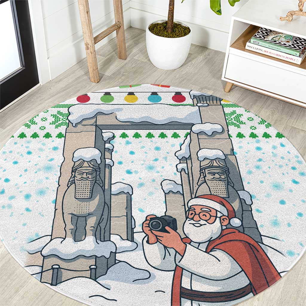 Iran Christmas Round Carpet with Santa Taking Photos Ancient Columns and Snowflake Gift Pattern - Wonder Print Shop