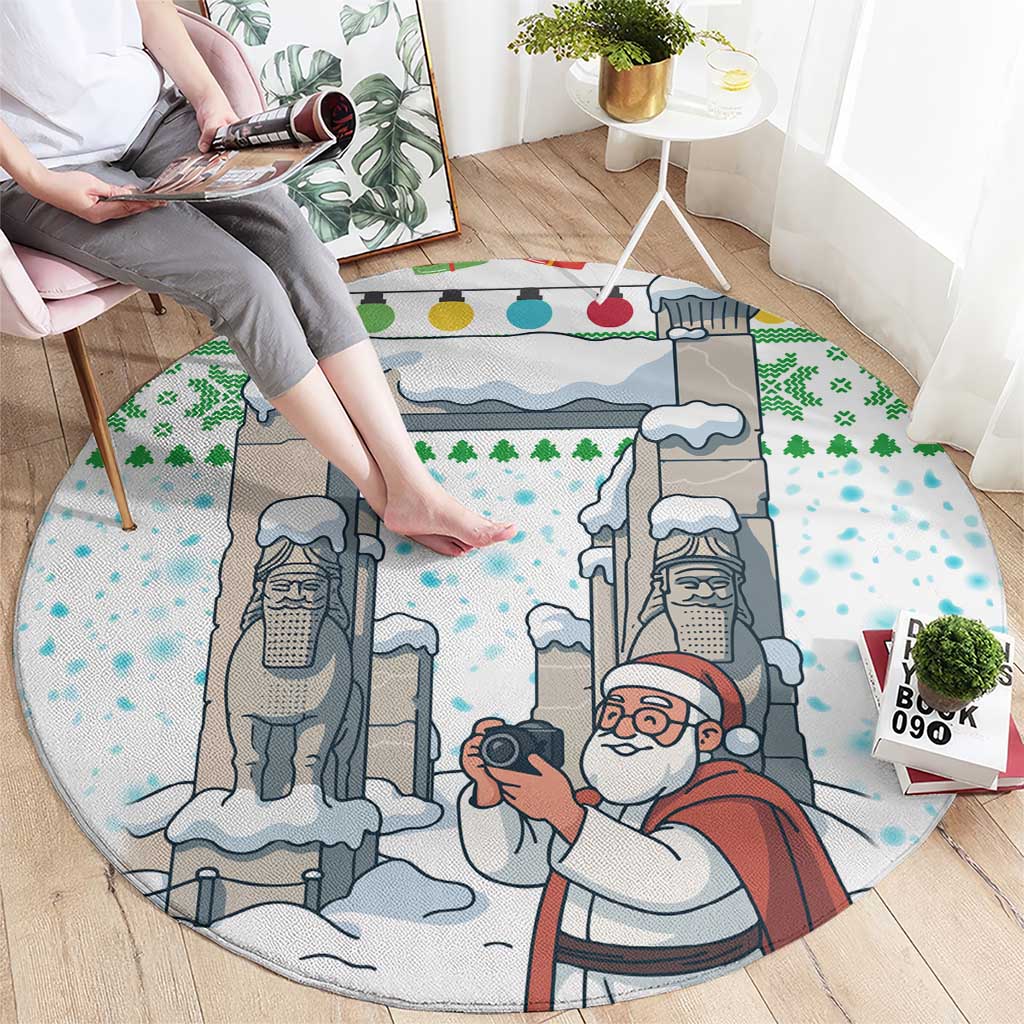 Iran Christmas Round Carpet with Santa Taking Photos Ancient Columns and Snowflake Gift Pattern - Wonder Print Shop